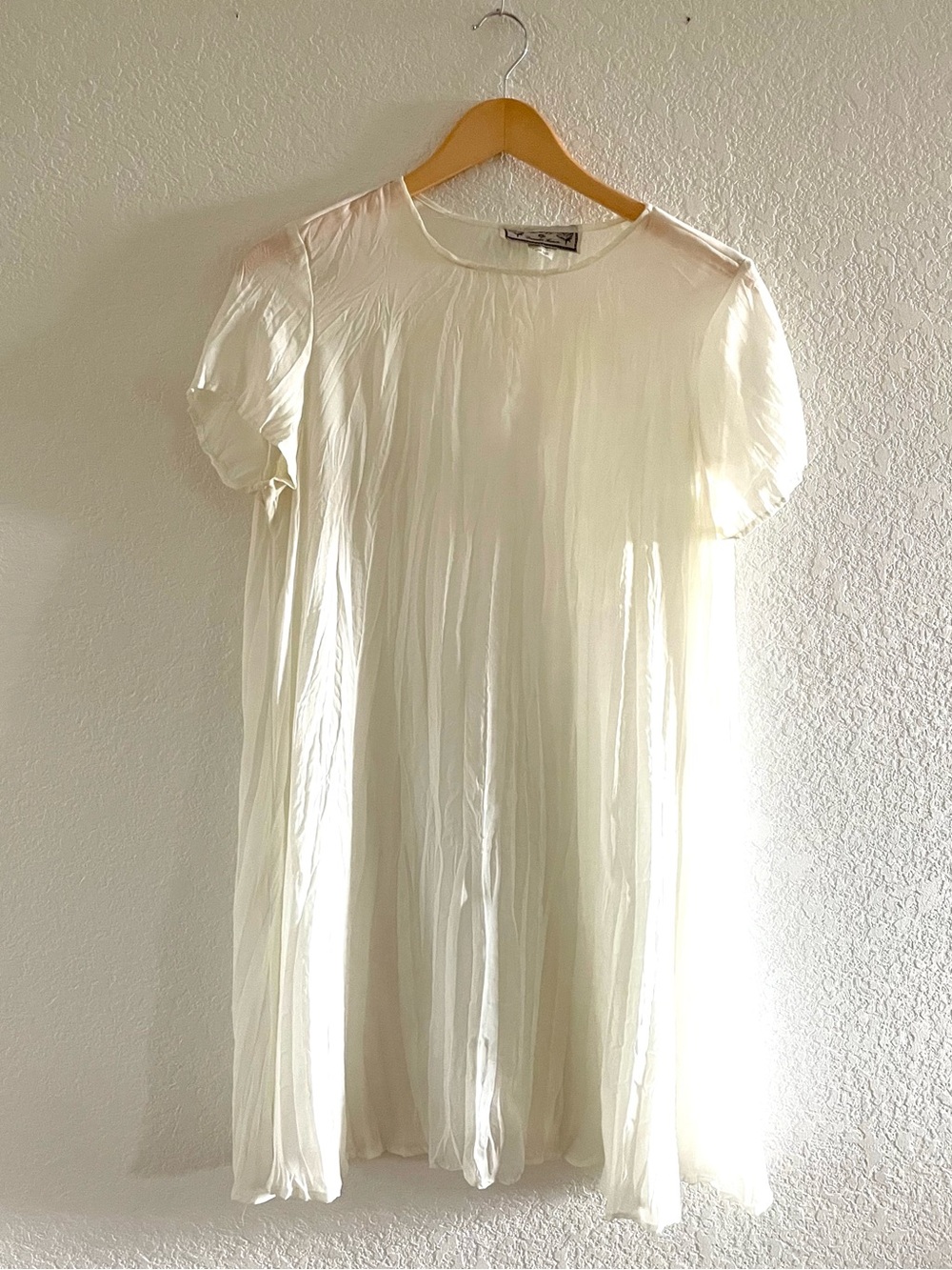 Vintage 90s Danielle Haren Cream Sheer Plisse Pleated Babydoll Dress O/S